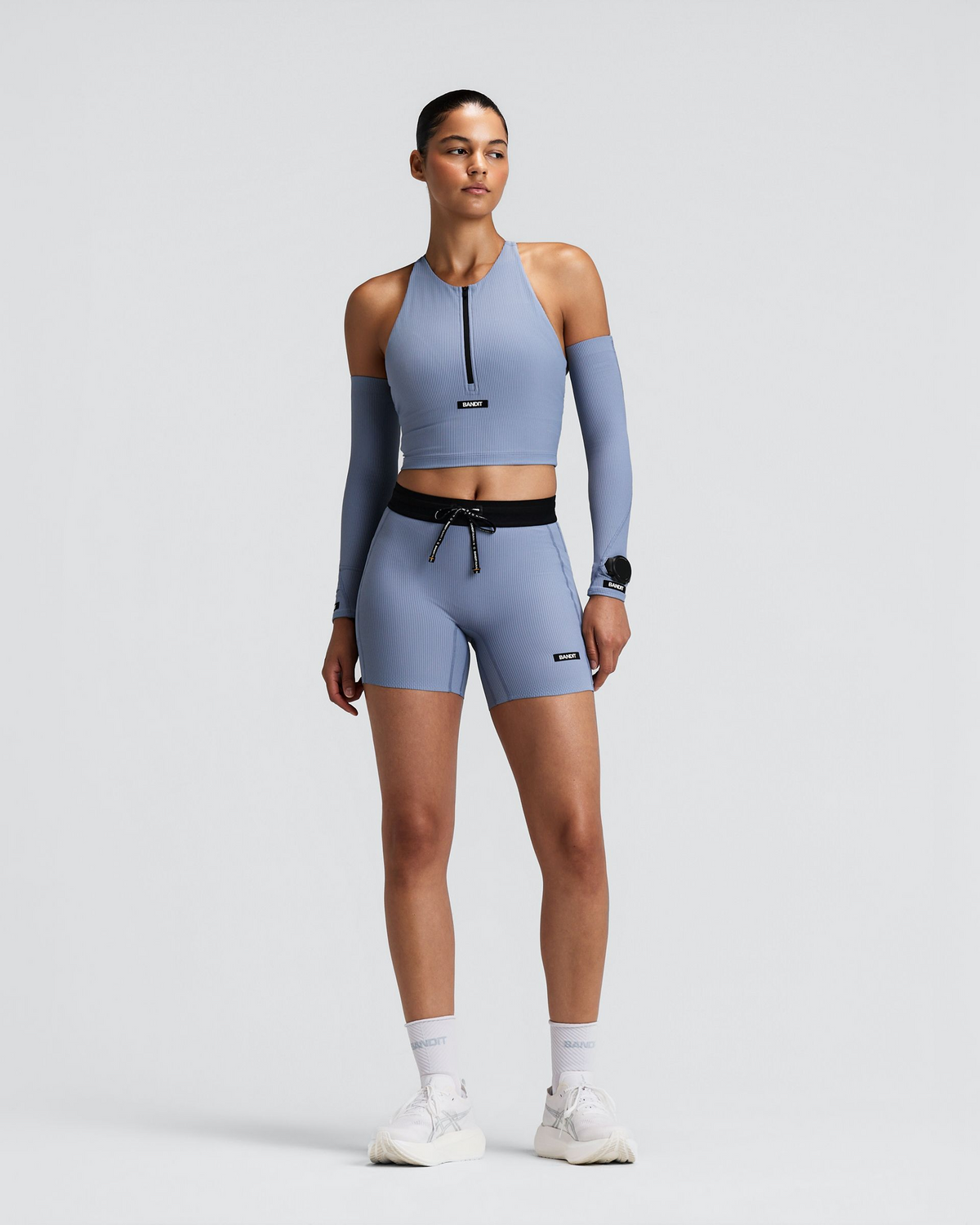 Women's Striped Cadence™ Zip Front T-Back Race Crop - Steel Horizon / Pavilion Blue