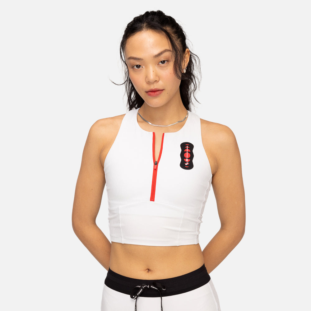 Cadence Stripe™ Zip Front Race Crop, White with Black - Bandit x ASICS