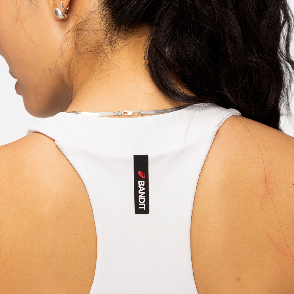 Cadence Stripe™ Zip Front Race Crop, White with Black - Bandit x ASICS