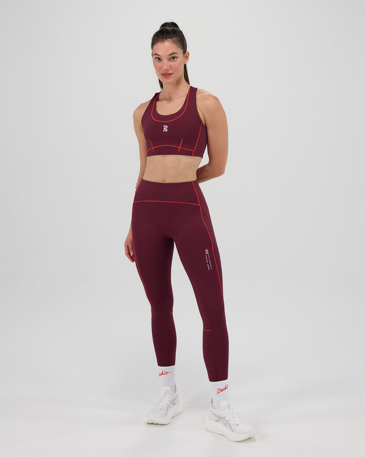 Stamina™ Pop Stitch™ High Waist Leggings - Fig / Intense Red