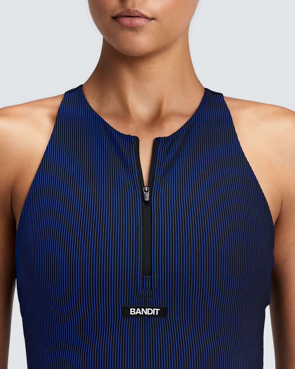 Women's Striped Cadence™ Zip Front T-Back Race Crop - Black / Bauhaus Blue